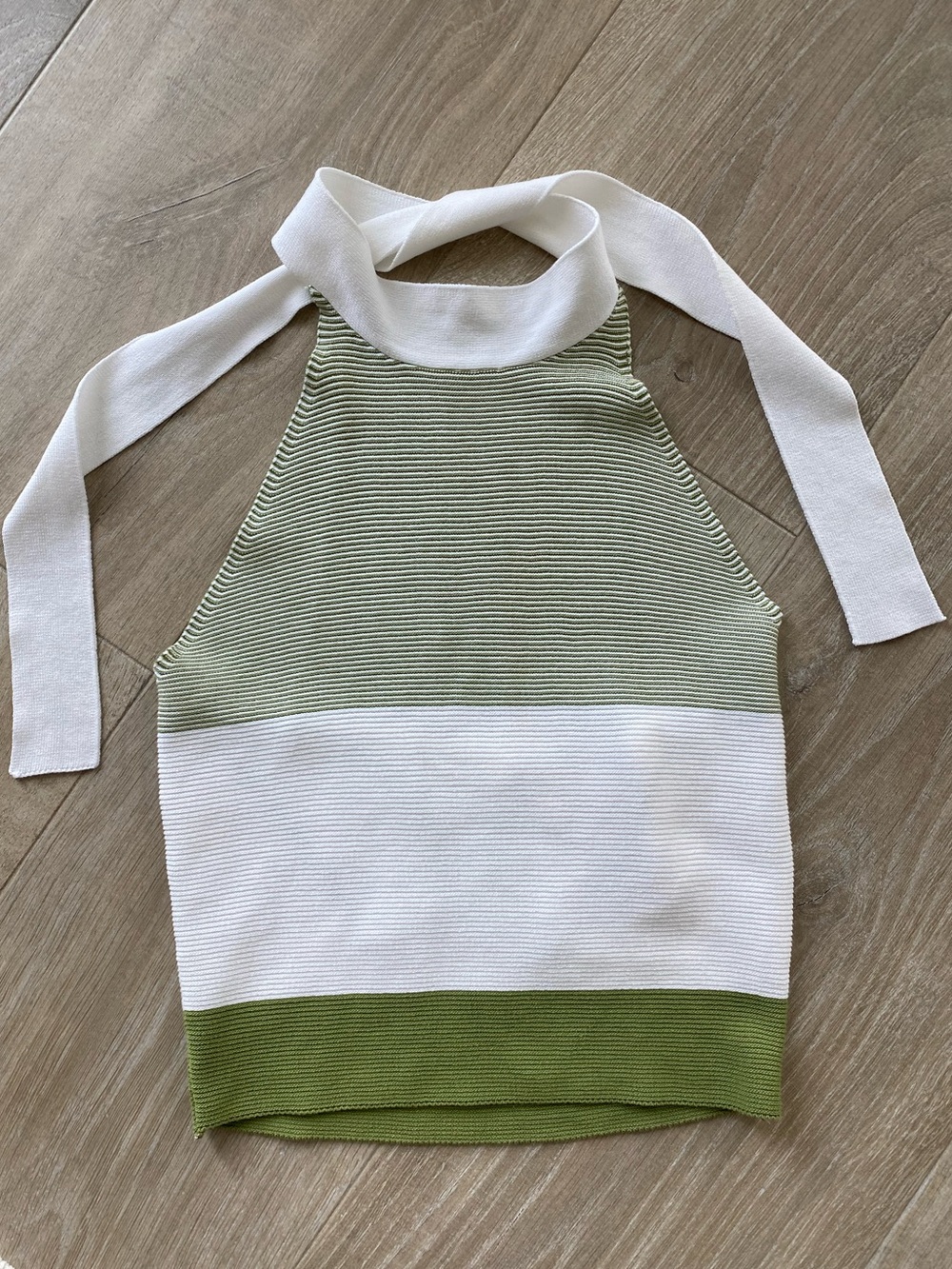 Colorblock Halter Knit Tank Top Green White Ribbed Tie Neck Small